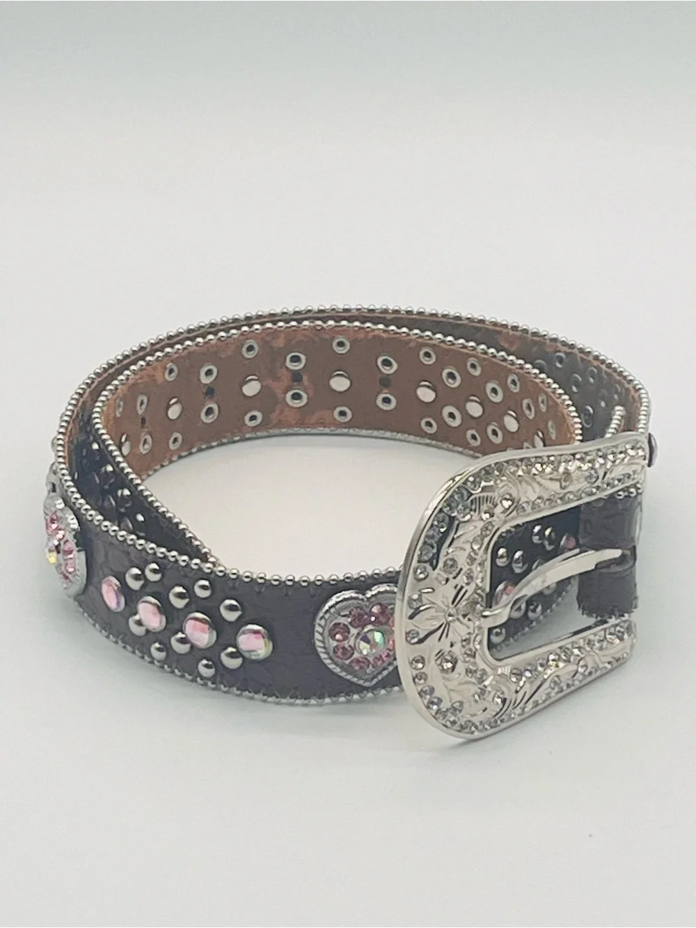 Embellished Heart Stud Western Belt - Brown Pink Crystals Removable Buckle